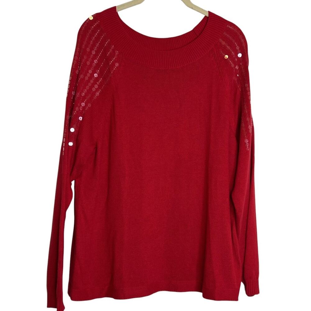 Nic & Zoe Womens Sweater Size Large Red Sequined Long Sleeve Lightweight Knit